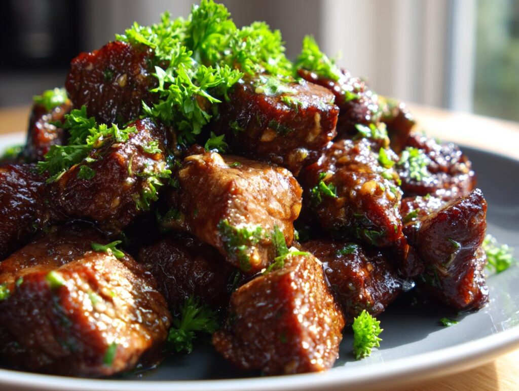 A plate of glistening Garlic Butter Beef Bites, garnished with fresh parsley.