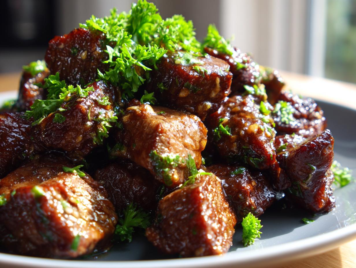 A plate of glistening Garlic Butter Beef Bites, garnished with fresh parsley.