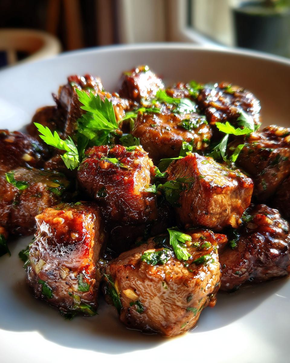 Close-up of Garlic Butter Beef Bites, garnished with fresh parsley, served on a white plate.