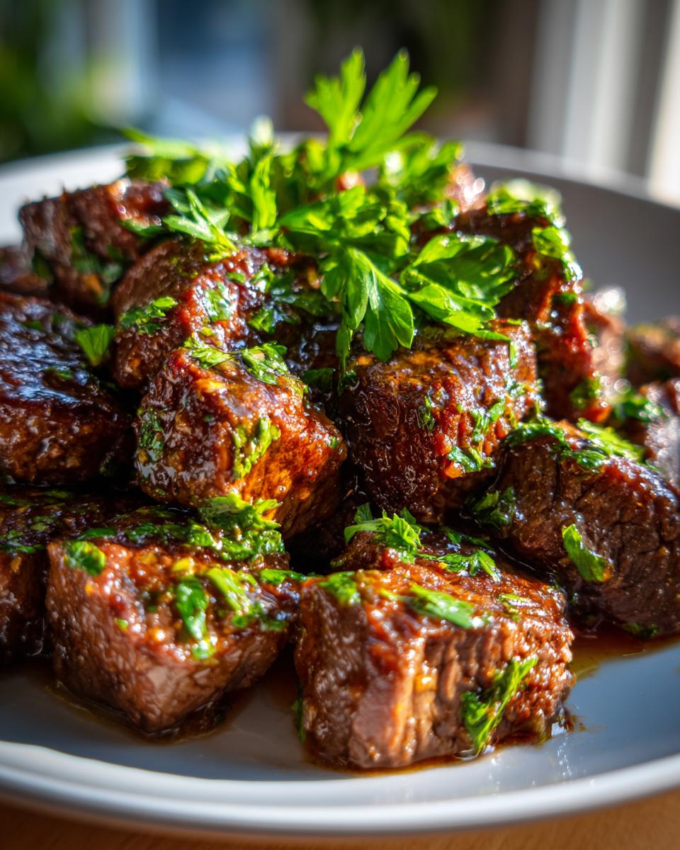 Close-up of Garlic Butter Beef Bites on a white plate, garnished with fresh parsley.