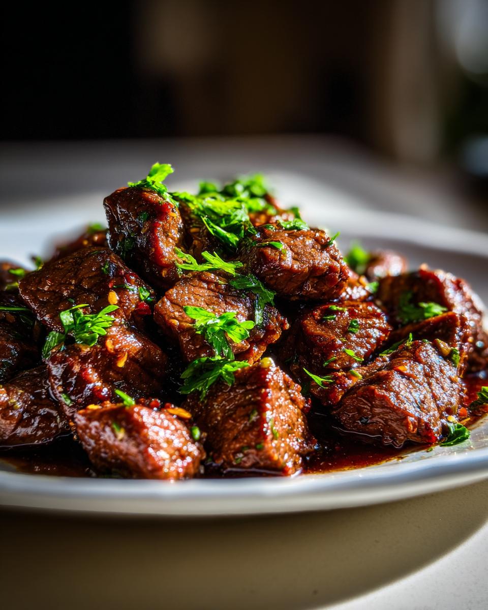 A plate piled high with savory Garlic Butter Beef Bites, garnished with fresh parsley.