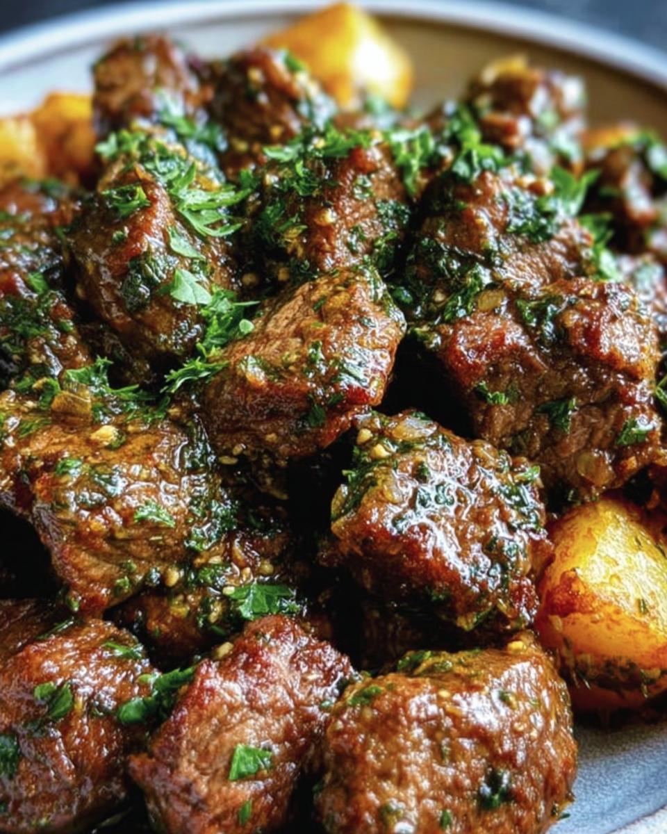 Close-up of Garlic Butter Beef cubes with fresh herbs and roasted potatoes, ready to serve.