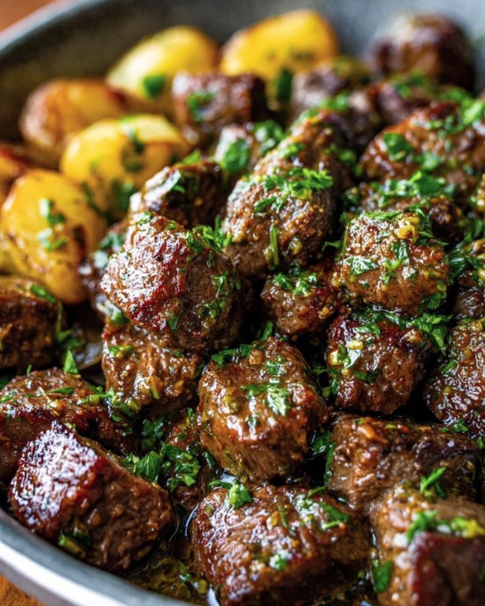 Close-up of Garlic Butter Beef cubes with roasted potatoes, garnished with fresh herbs.