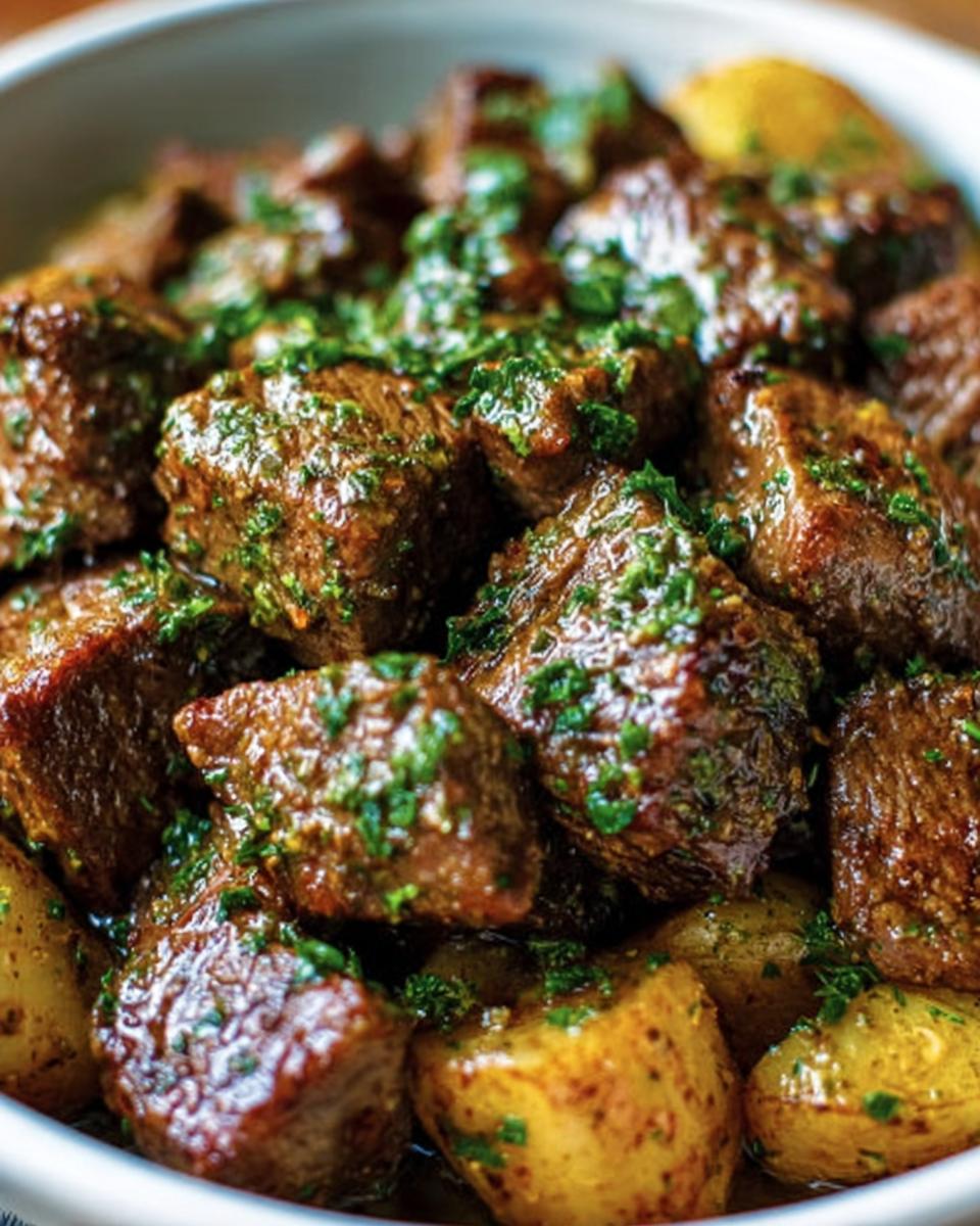 Close-up of Garlic Butter Beef cubes with potatoes, topped with fresh herbs.