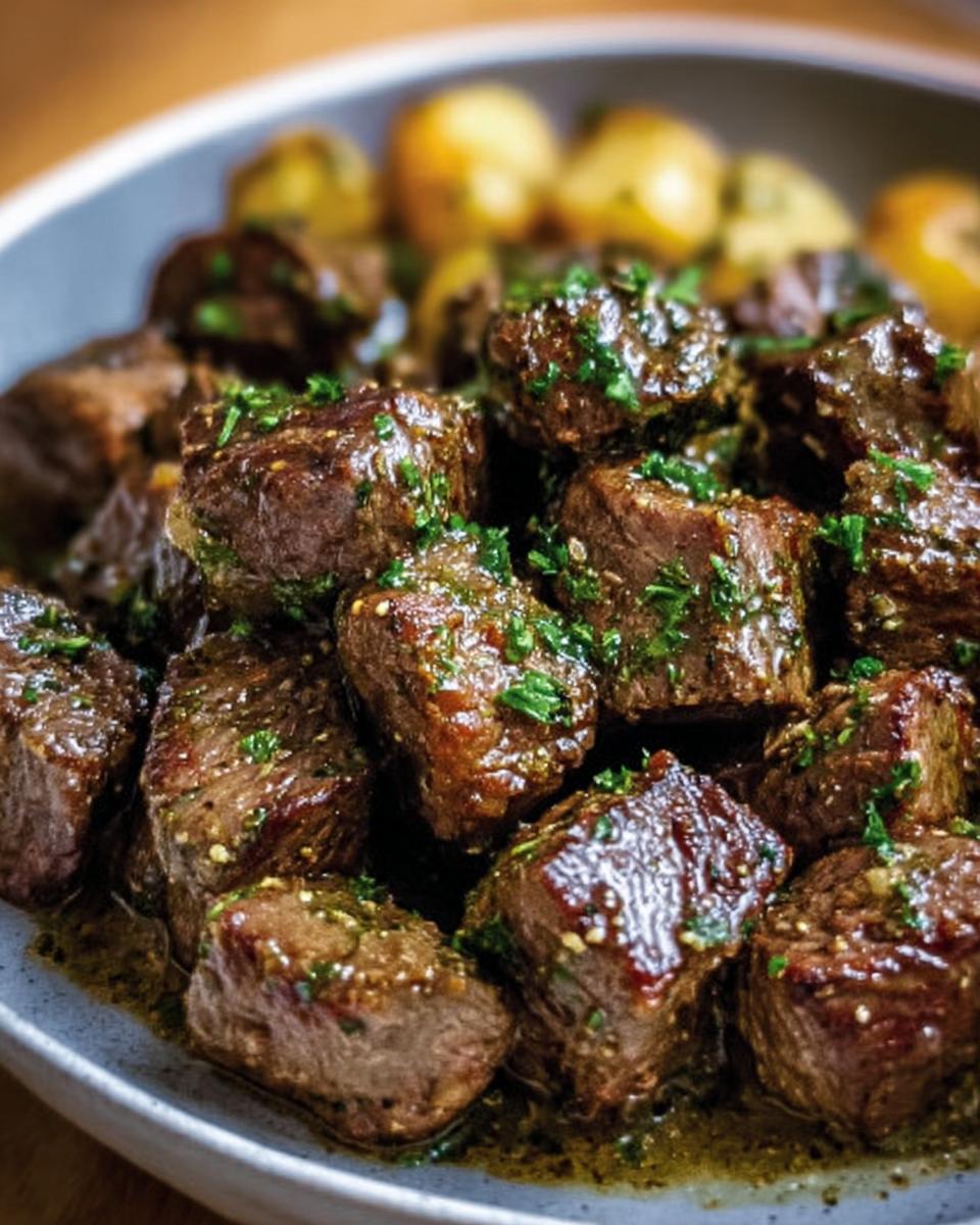 A plate of Garlic Butter Beef cubes with a side of small potatoes, garnished with herbs.