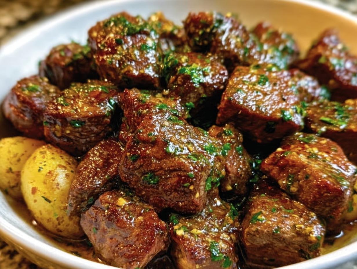 Close-up of Garlic Butter Beef cubes with herbs and potatoes in a bowl, ready to serve.