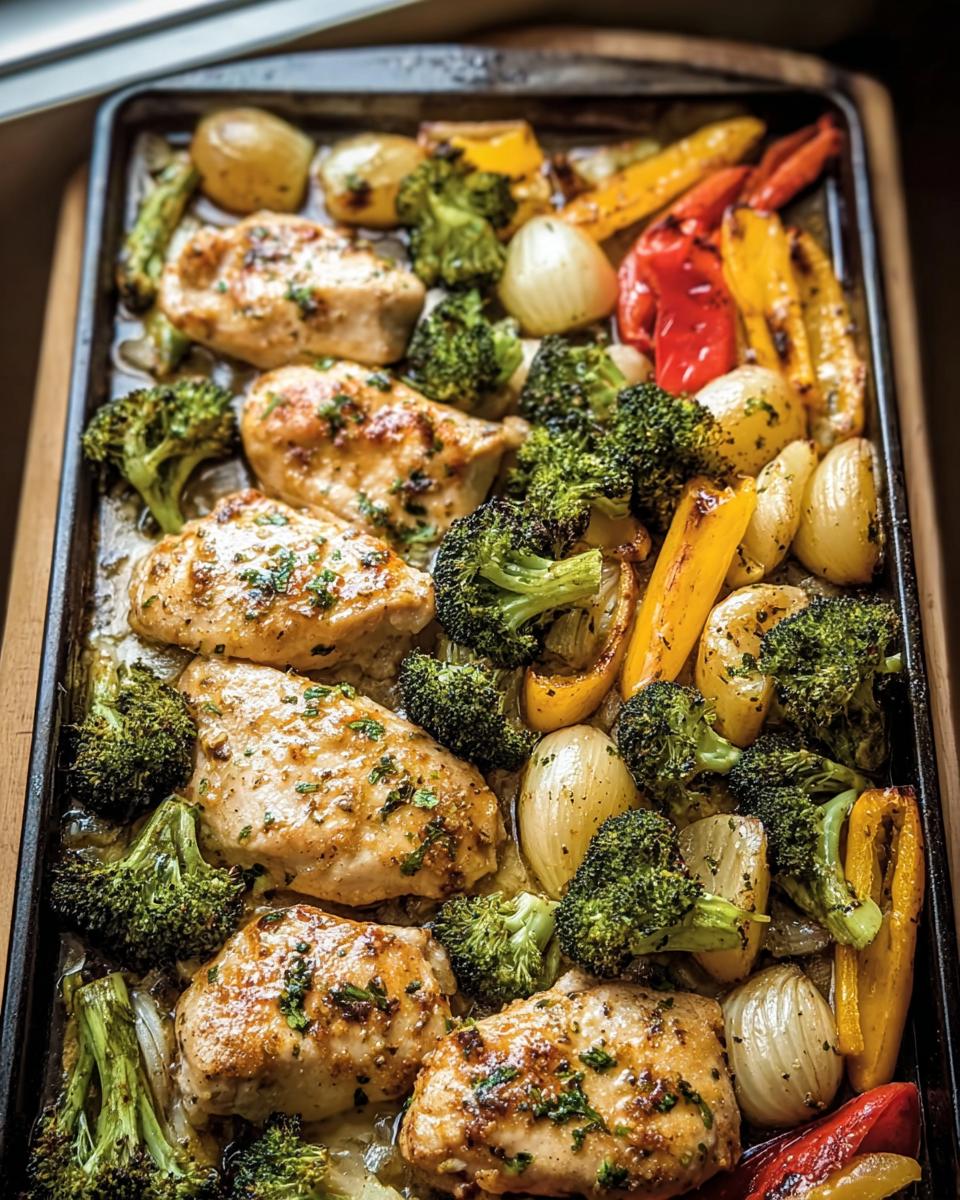 Overhead shot of Garlic Butter Chicken Veggies on a baking sheet, including chicken breasts, broccoli, onions, and bell peppers.