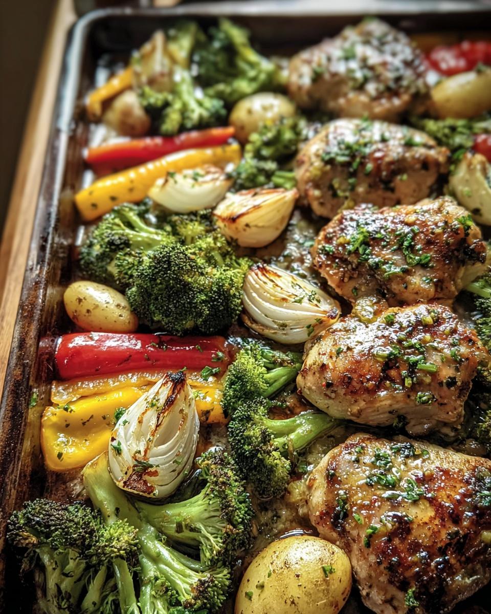 Overhead shot of Garlic Butter Chicken Veggies on a baking sheet, featuring chicken thighs, broccoli, peppers, and onions.