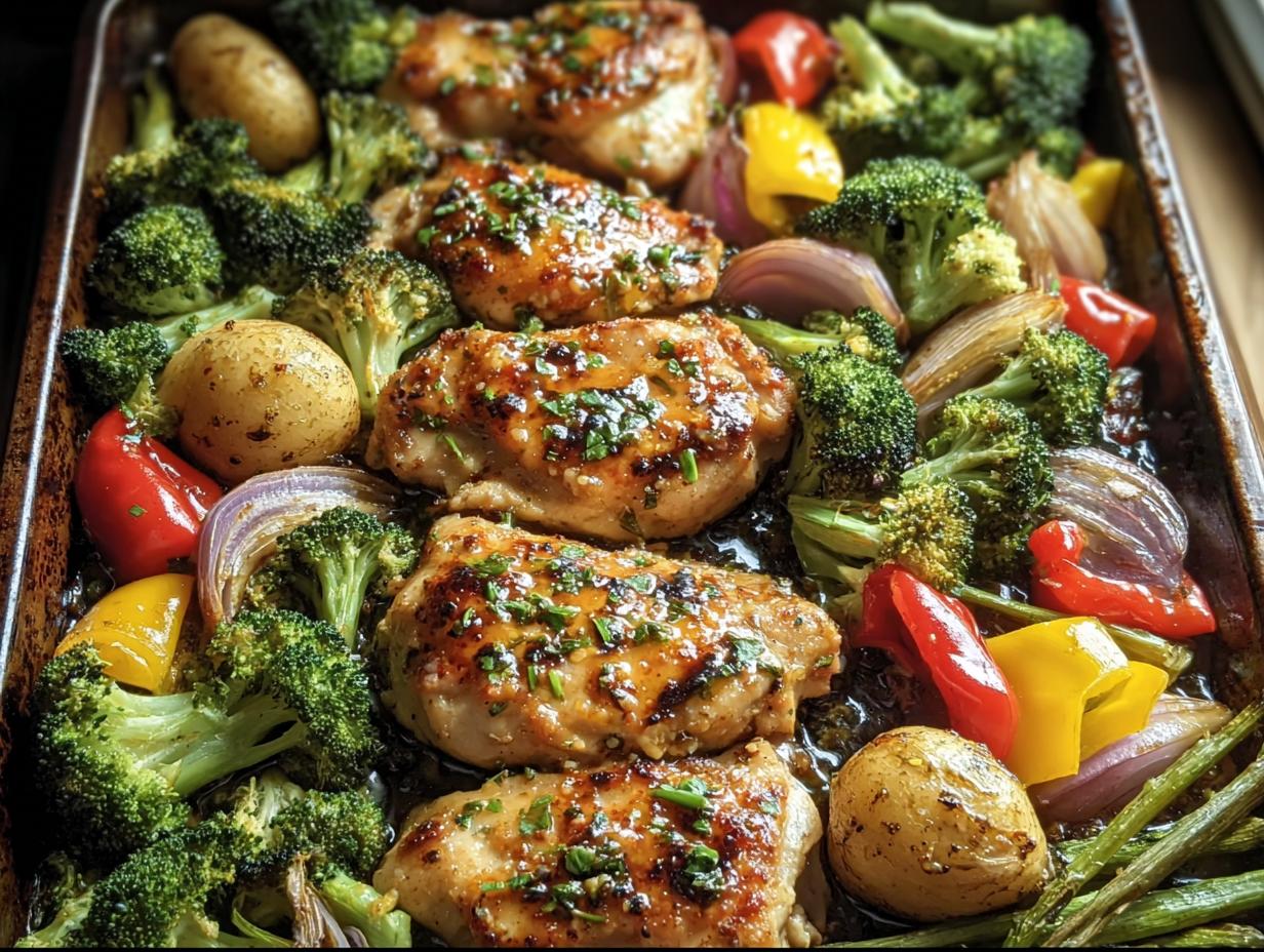 Sheet pan with Garlic Butter Chicken Veggies, including broccoli, potatoes, peppers, and onions.