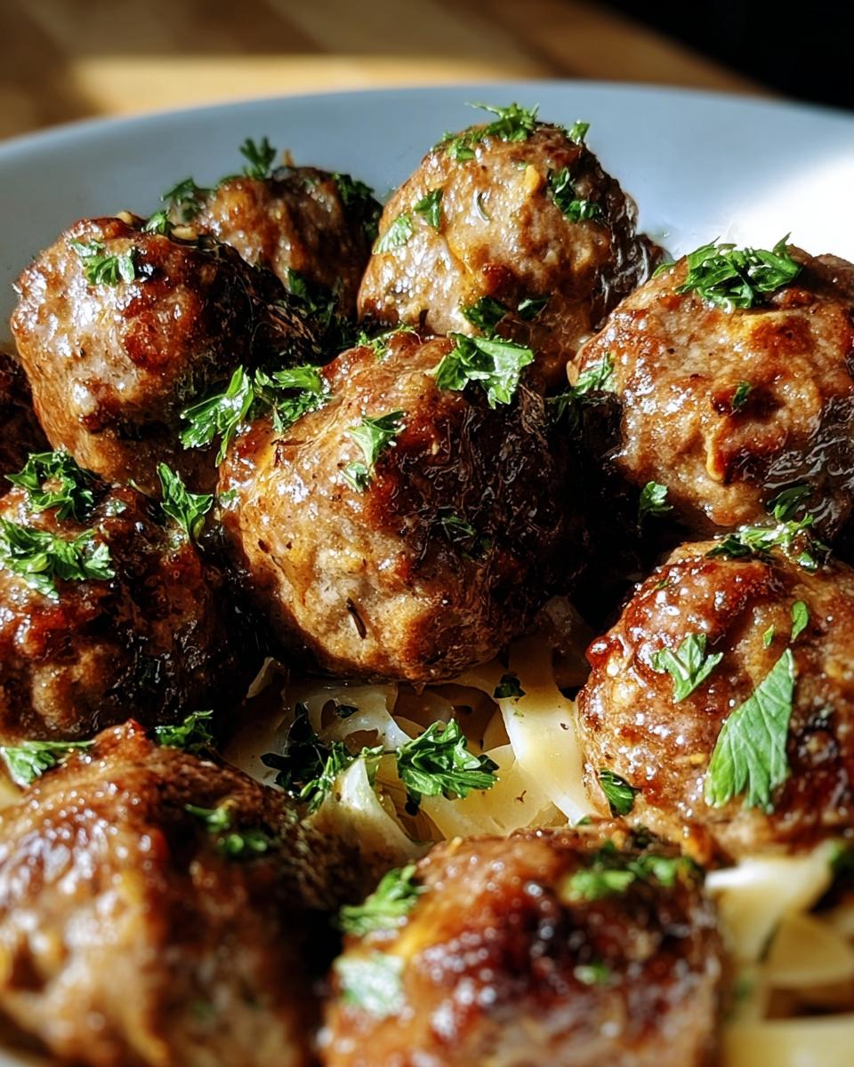 Close-up of Garlic Butter Meatballs served over pasta and garnished with fresh parsley.