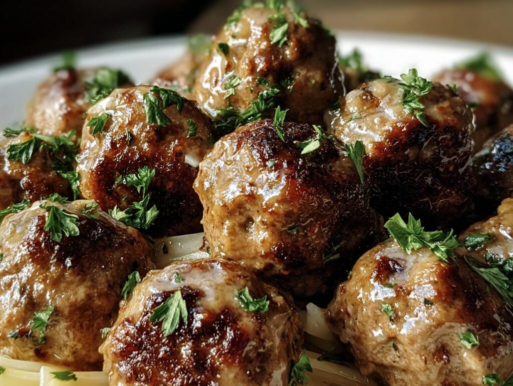 A platter of glistening Garlic Butter Meatballs, garnished with fresh parsley. Ready to serve.