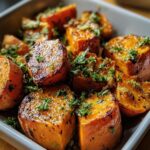 Close-up of roasted Garlic Butter Sweet Potatoes, garnished with fresh parsley in a white dish.