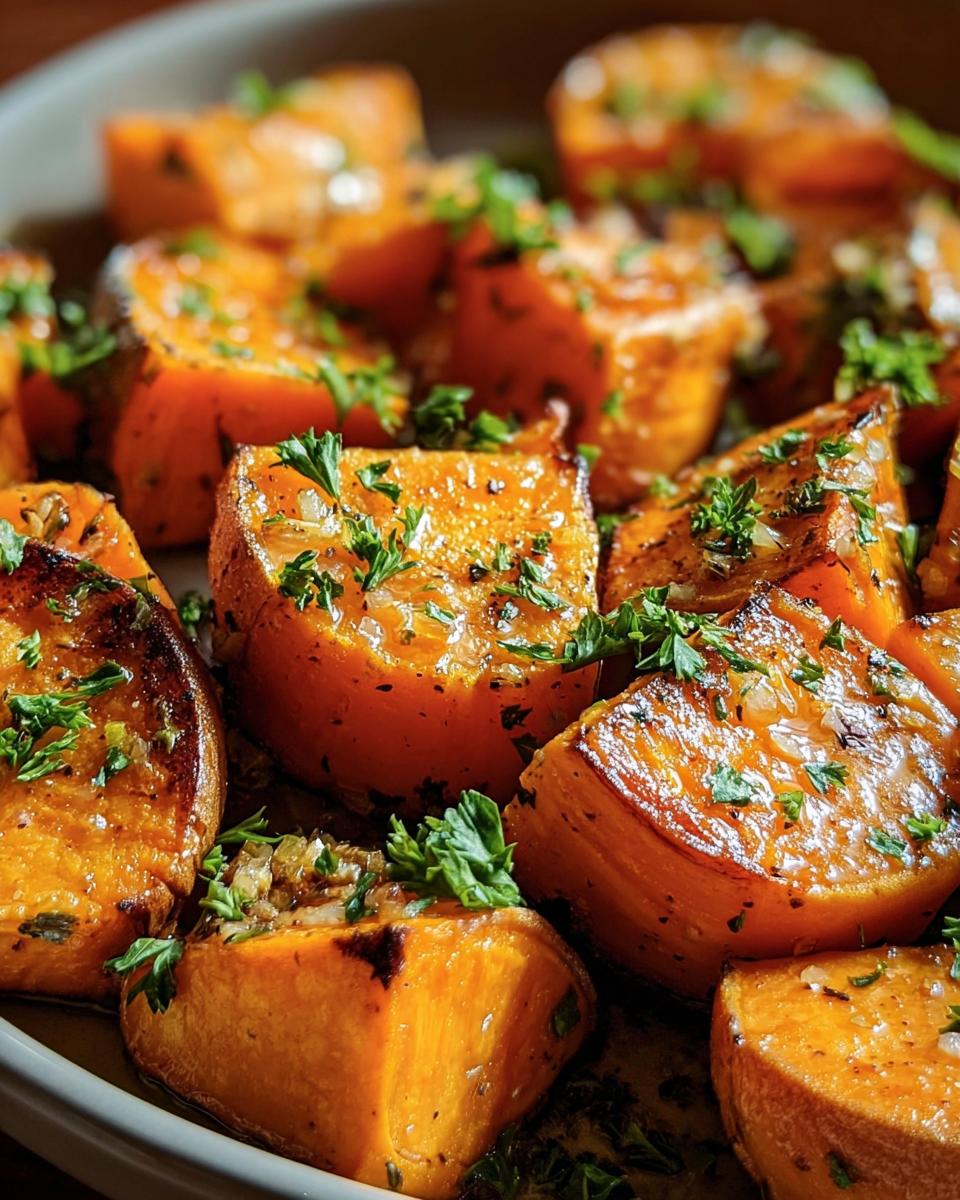 Close-up of roasted Garlic Butter Sweet Potatoes garnished with fresh parsley.