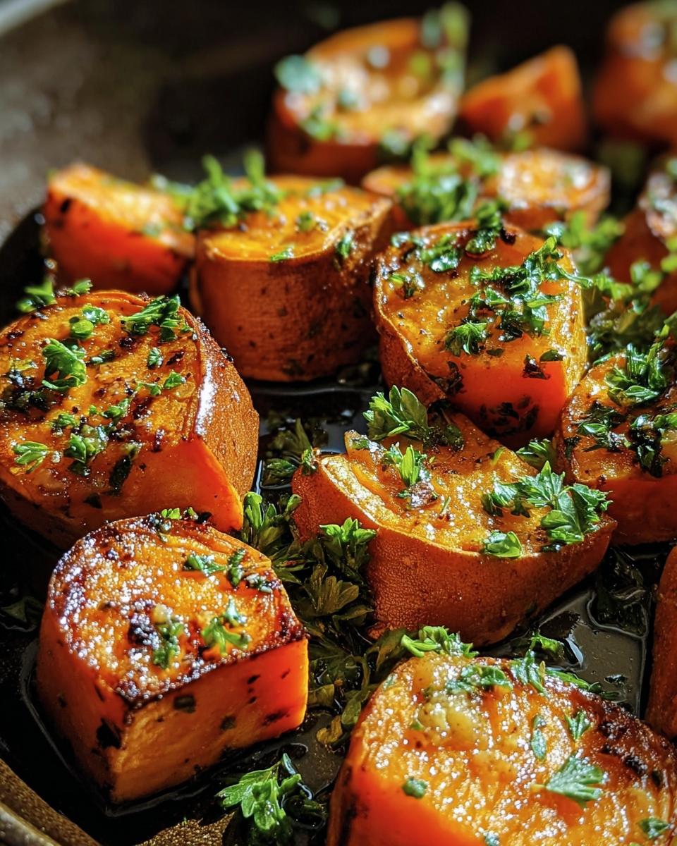 Close-up of roasted Garlic Butter Sweet Potatoes, garnished with fresh parsley.