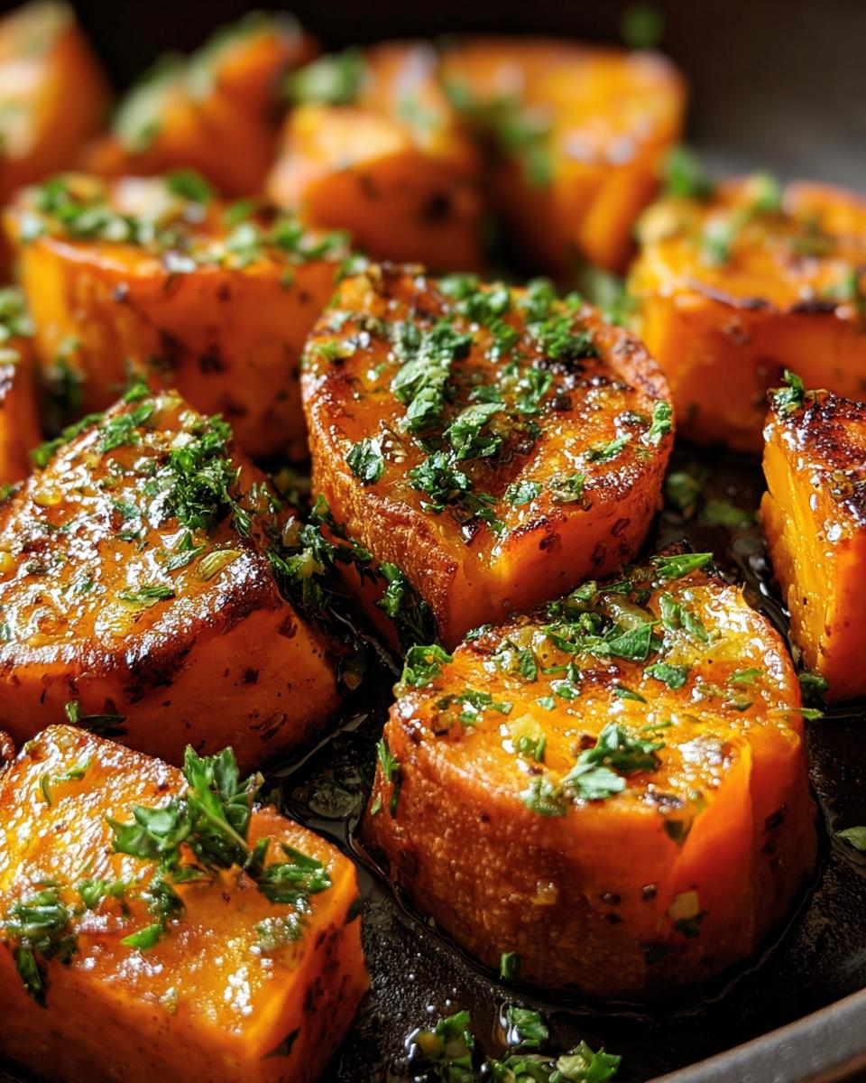 Close-up of roasted Garlic Butter Sweet Potatoes, garnished with fresh herbs.