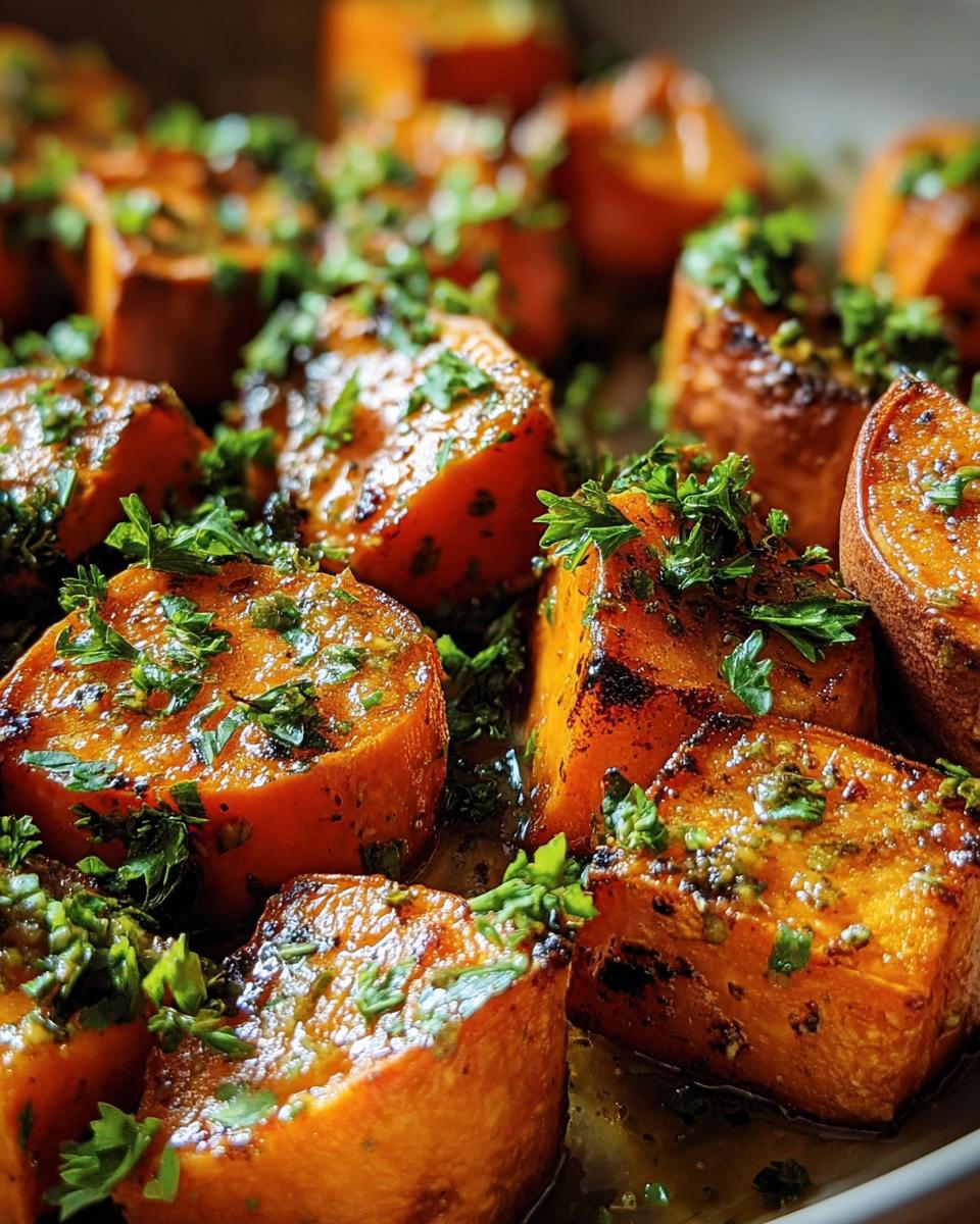 Close-up of roasted Garlic Butter Sweet Potatoes topped with fresh parsley.