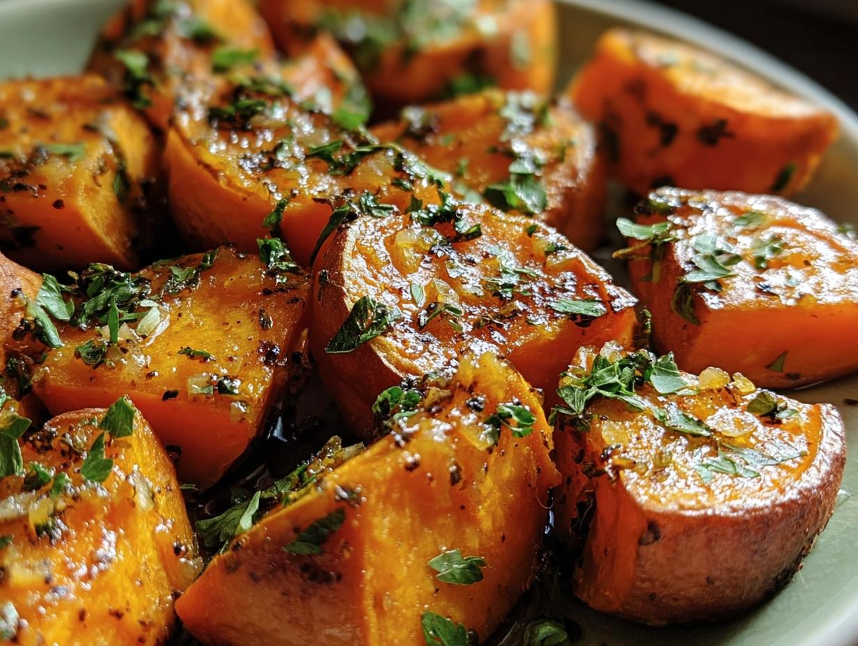 Close-up of Garlic Butter Sweet Potatoes, glistening with sauce and garnished with fresh herbs.