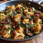 Close-up of Garlic Cauliflower Mushroom Skillet with parsley garnish in a pan.
