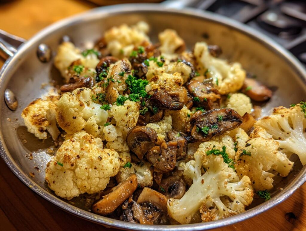 Close-up of Garlic Cauliflower Mushroom Skillet in a stainless steel pan, garnished with parsley.
