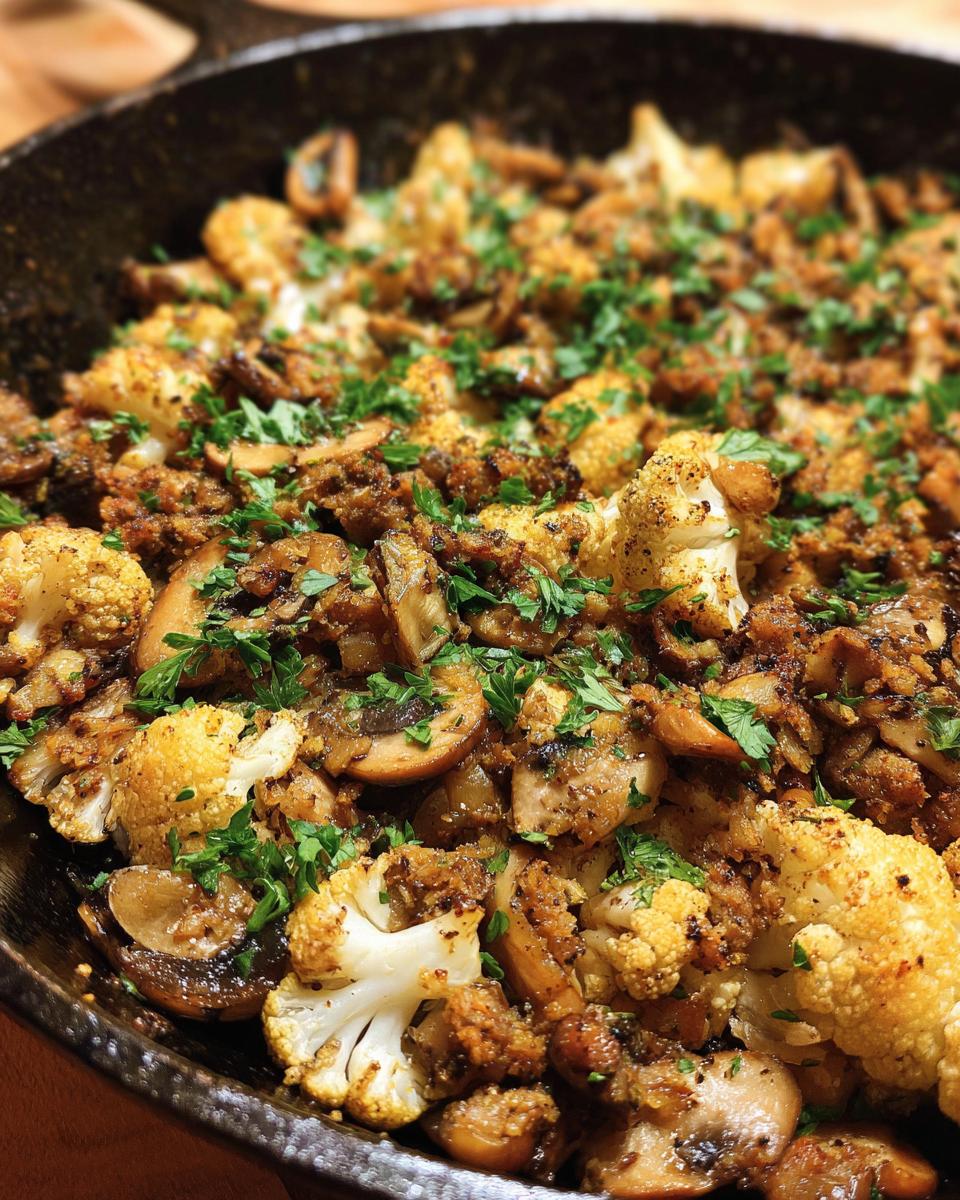 Close-up of a Garlic Cauliflower Mushroom Skillet, garnished with fresh parsley.