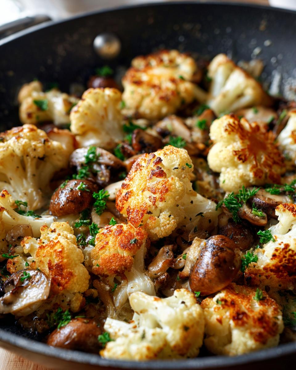 Close-up of a Garlic Cauliflower Mushroom Skillet with browned cauliflower, mushrooms, and fresh herbs.