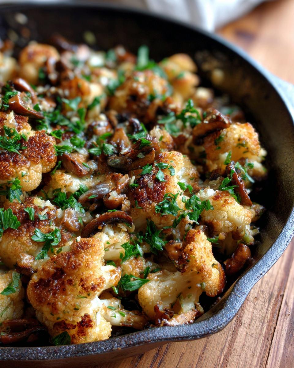 Close up of Garlic Cauliflower Mushroom Skillet, garnished with parsley, in a cast iron skillet.