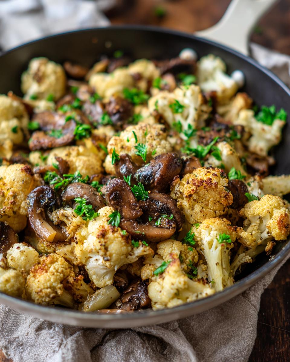 Close-up of Garlic Cauliflower Mushroom Skillet in a pan, garnished with fresh parsley.