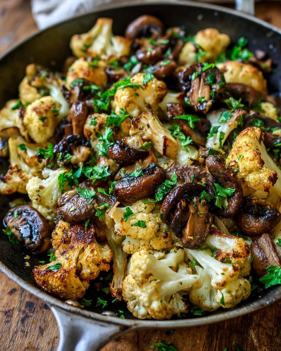 Close-up of a Garlic Cauliflower Mushroom Skillet, showcasing roasted cauliflower, mushrooms, and fresh parsley.