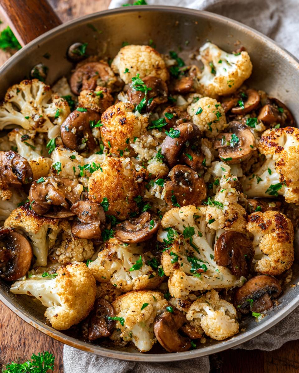 Overhead shot of Garlic Cauliflower Mushroom Skillet with parsley garnish in a metal pan.