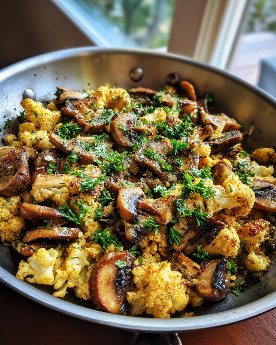 Close-up of Garlic Cauliflower Mushroom Skillet in a stainless steel pan, garnished with fresh parsley.