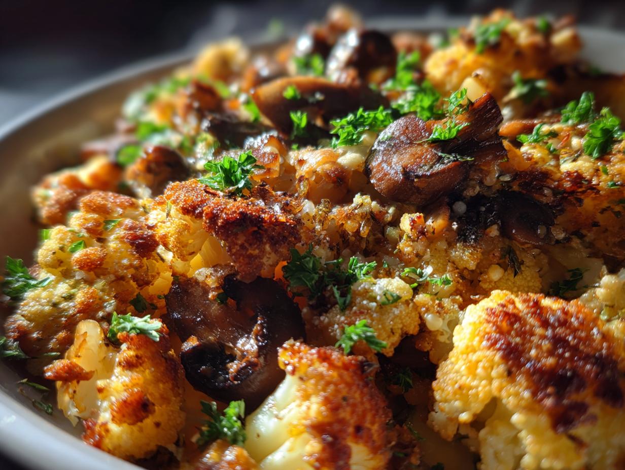 Close-up of a Garlic Cauliflower Mushroom Skillet, showing roasted cauliflower, mushrooms, and garlic.