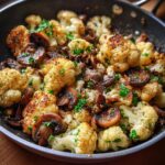 Close-up of a Garlic Cauliflower Mushroom Skillet with fresh parsley garnish.