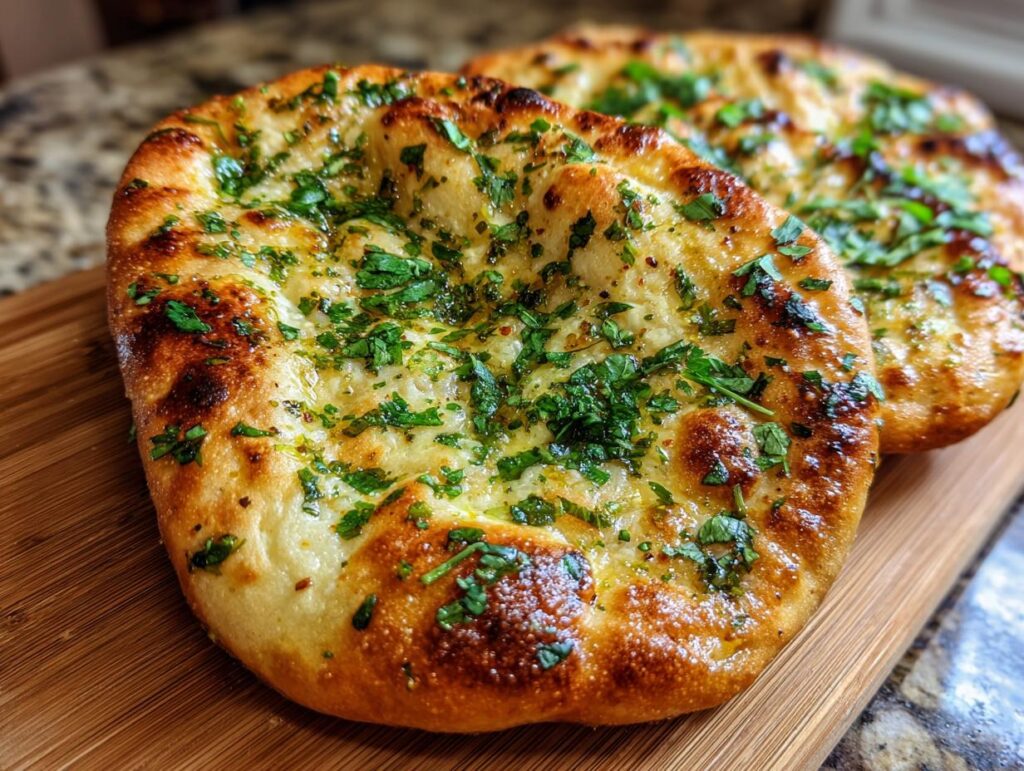 Two pieces of golden Garlic Cottage Cheese Naan topped with herbs, sitting on a wooden cutting board.