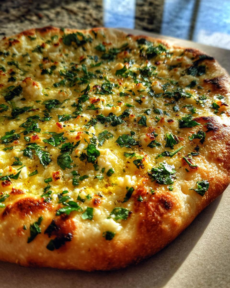 Close-up of a freshly baked Garlic Cottage Cheese Naan, topped with herbs and melted cheese.