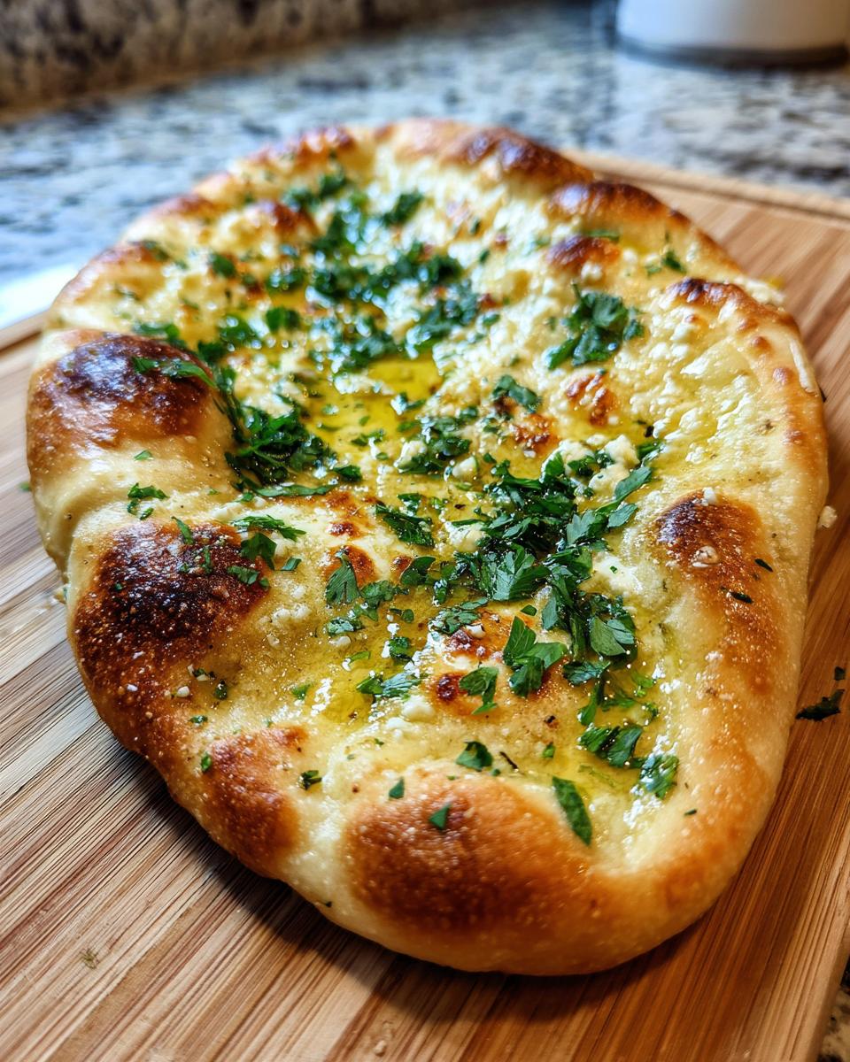 Freshly baked Garlic Cottage Cheese Naan topped with herbs on a wooden board.