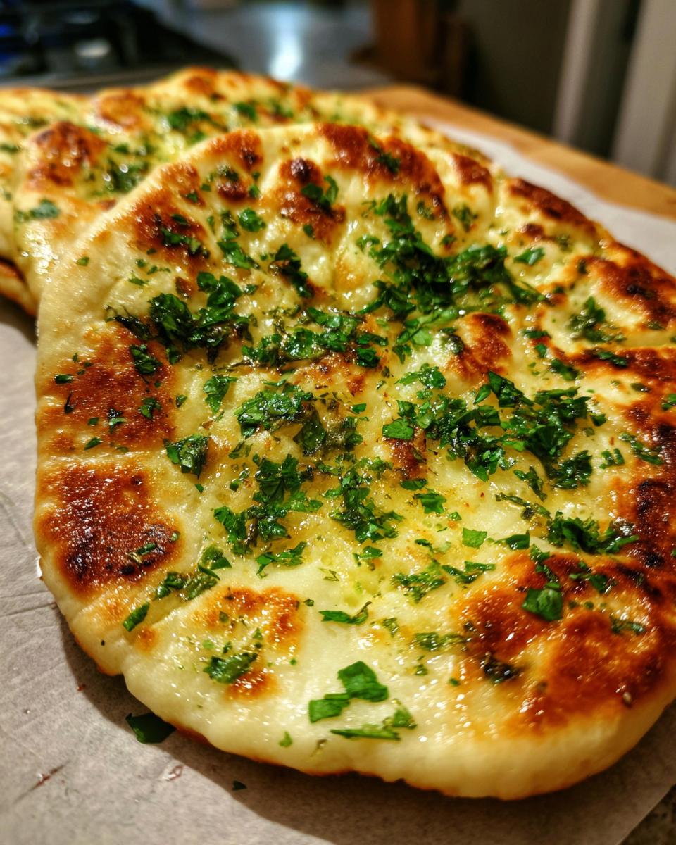 Close-up of golden Garlic Cottage Cheese Naan, topped with fresh herbs.