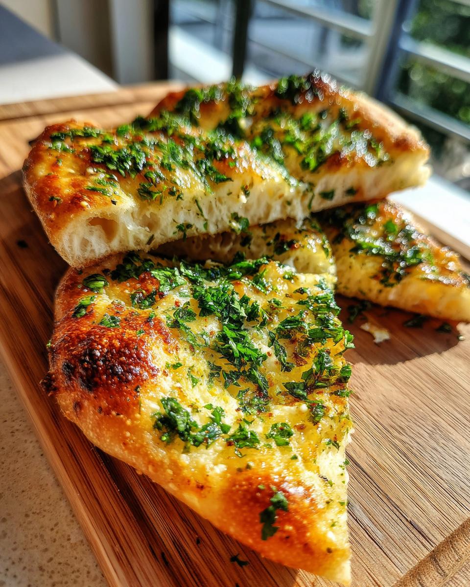 Close-up of sliced Garlic Cottage Cheese Naan, topped with fresh herbs on a wooden board.