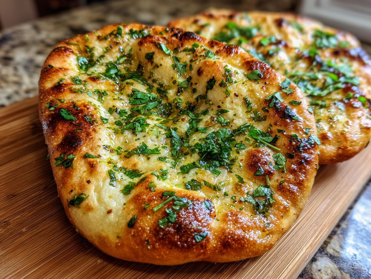 Two pieces of golden Garlic Cottage Cheese Naan topped with herbs, sitting on a wooden cutting board.
