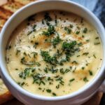 A bowl of creamy Garlic Herb Potato Soup, garnished with fresh herbs and served with grilled bread.