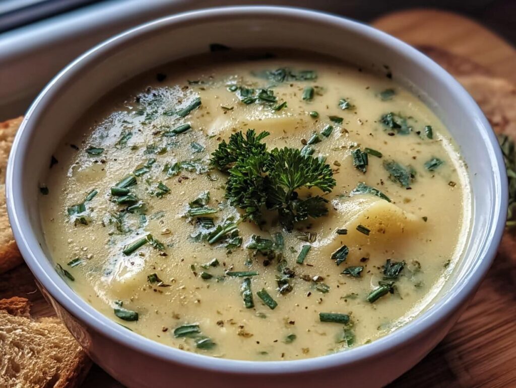 A bowl of creamy Garlic Herb Potato Soup garnished with fresh herbs and served with toasted bread.