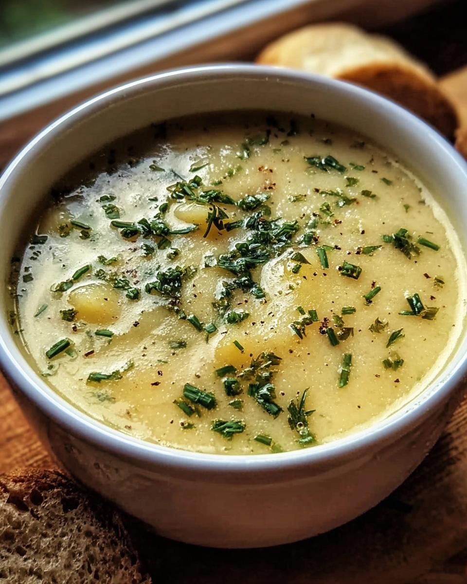 A bowl of creamy Garlic Herb Potato Soup, garnished with fresh herbs and served with crusty bread.