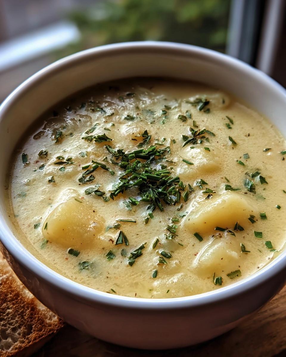 Close-up of a bowl of creamy Garlic Herb Potato Soup garnished with fresh herbs.