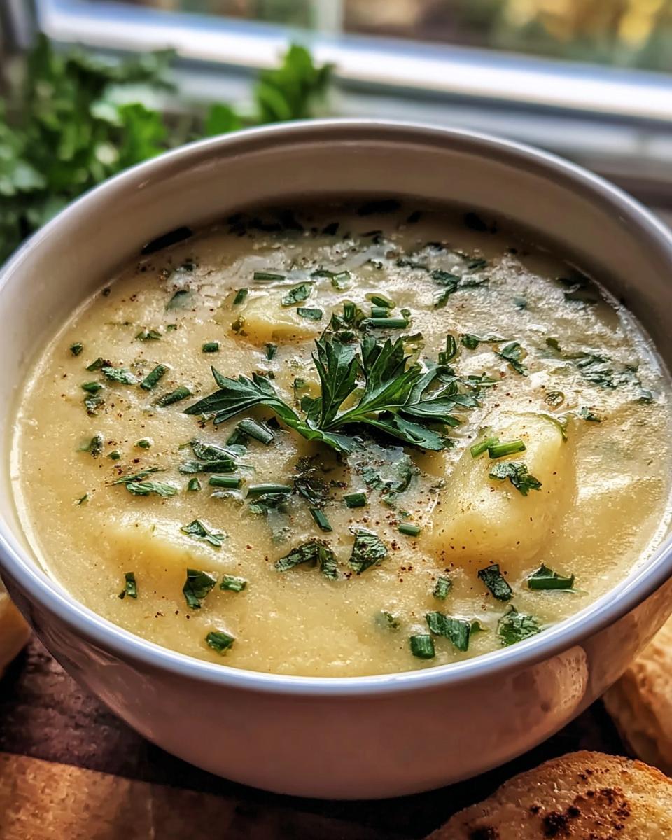 A bowl of creamy Garlic Herb Potato Soup garnished with fresh herbs and served with crusty bread.
