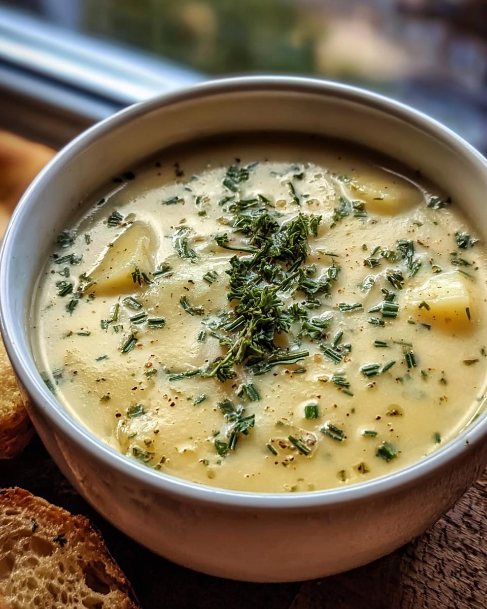Bowl of creamy Garlic Herb Potato Soup garnished with fresh herbs and served with toasted bread.