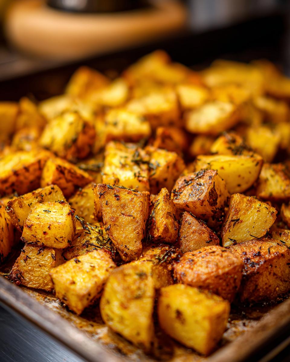 Close-up of golden Garlic Herb Roasted Potatoes on a baking sheet, seasoned with herbs and garlic.
