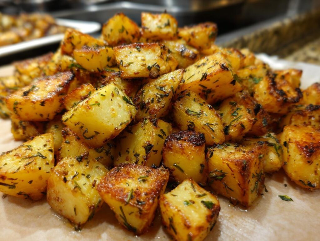 A close-up of Garlic Herb Roasted Potatoes, golden brown and seasoned with herbs, ready to be served.