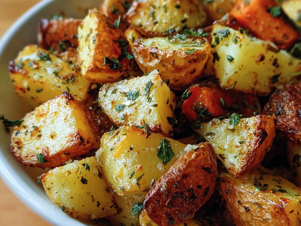 Close-up of Garlic Herb Roasted Potatoes, showing crispy edges and fresh herbs.