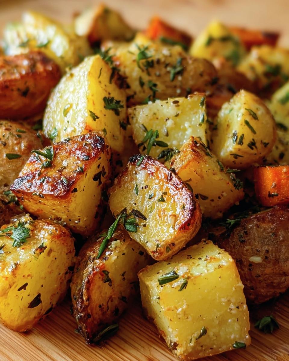 Close-up of Garlic Herb Roasted Potatoes, golden brown and sprinkled with fresh herbs.