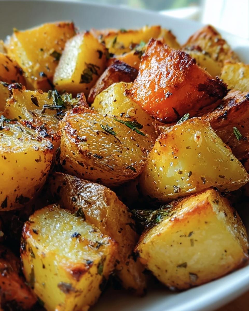 Close-up of golden Garlic Herb Roasted Potatoes, seasoned and ready to eat.