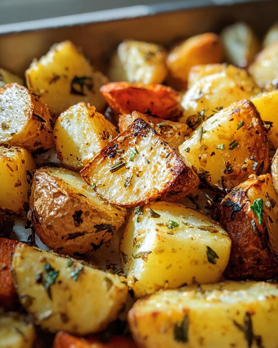 Close-up of Garlic Herb Roasted Potatoes, showcasing their golden-brown, crispy edges and fresh herb seasoning.